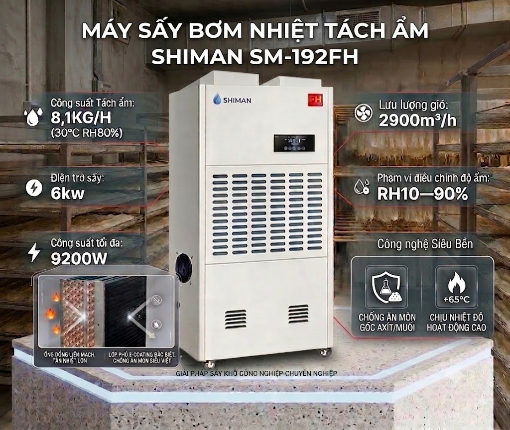 máy sấy bơm nhiệt tách ẩm shiman sm-192fh